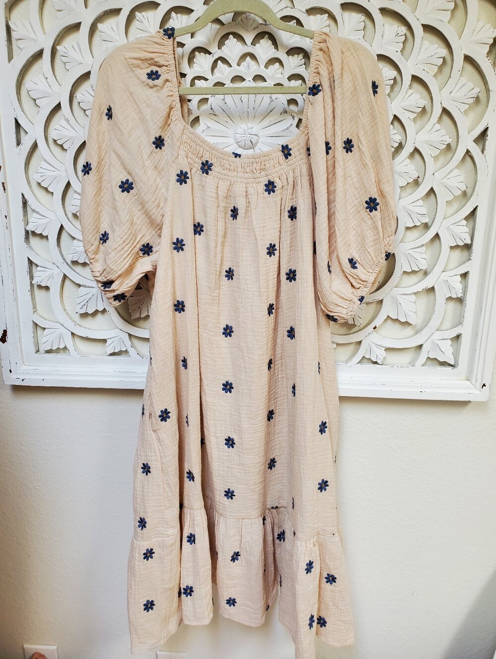 Polagram 2XL Cream Cotton Gauze Blue Flower Embroidery Dress NWT